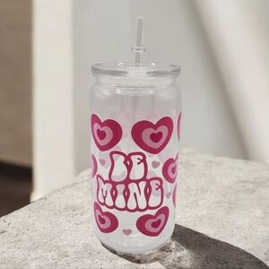 16 oz Be Mine Heart Tumbler Clear Acrylic Lid & Reusable Straw Valentine's Day